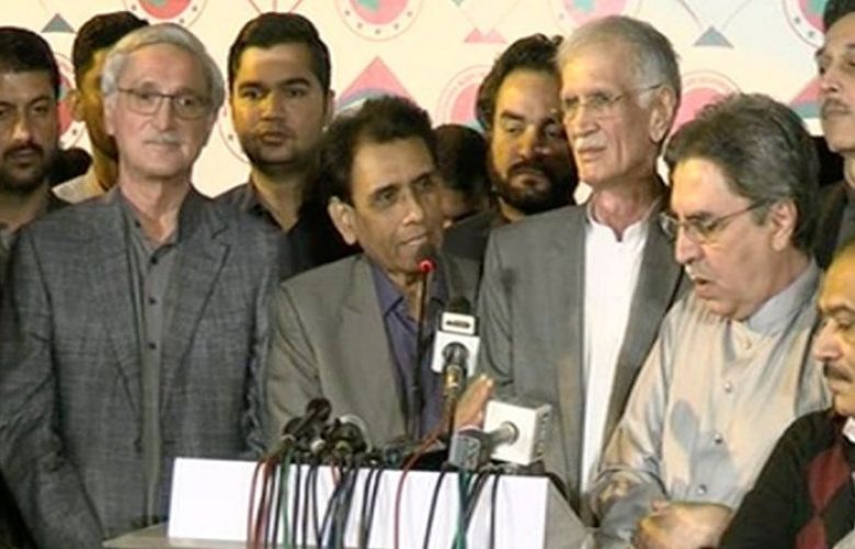 Press conference by PTI leaders Pervez Khattak and Jahangir Tareen alongside Siddiqui