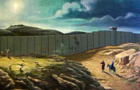 Banksy’s classic Christmas card shows a picture of Joseph and Mary crossing the desert on their way to Bethlehem and are blocked by the infamous apartheid wall that separates Israel from Palestine and the West Bank.