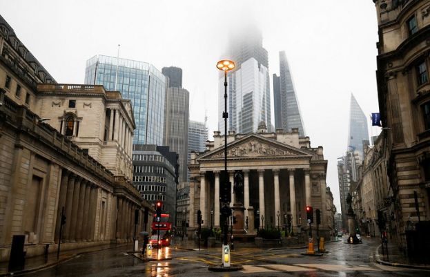 The Bank of England is seen in the financial district during rainy weather in London 