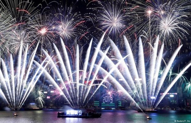 Thousands have attended the massive fireworks display over Hong Kong's Victoria Harbour