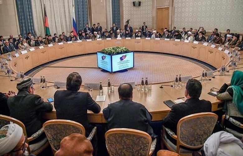 In this file photo participants attend the opening of the two-day talks of the Taliban and Afghan opposition representatives at the President Hotel in Moscow on February 5.