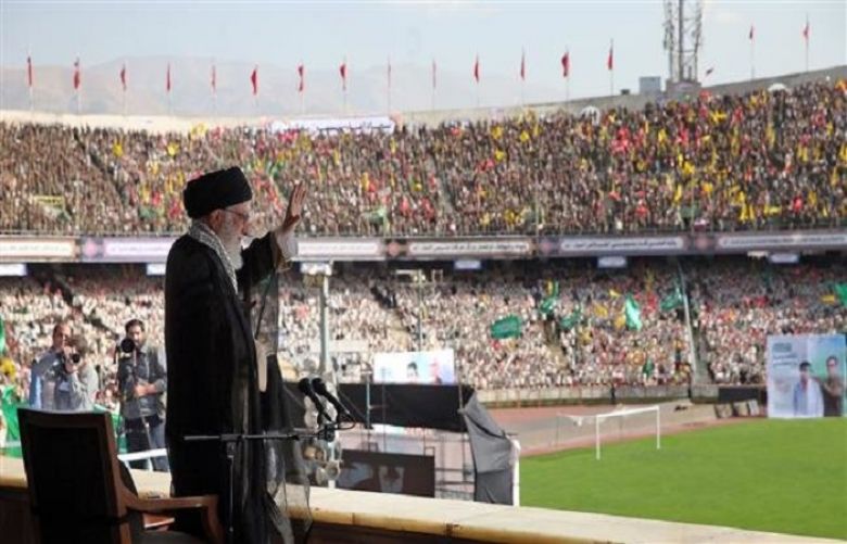 Leader of the Islamic Revolution Ayatollah Seyyed Ali Khamenei greets a large crowd of Iranian Basij volunteer forces at Azadi Stadium, Tehran, Iran, October 4, 2018.