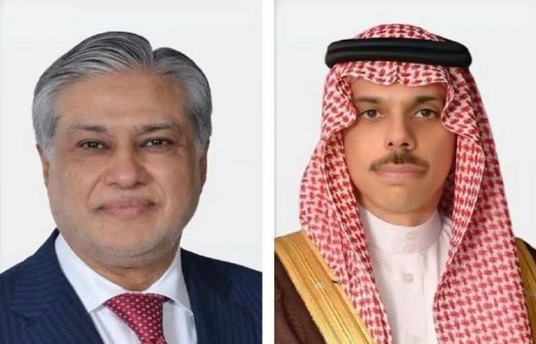 Deputy Prime Minister and Foreign Minister Senator Mohammad Ishaq Dar and Saudi Foreign Minister Prince Faisal bin Farhan.
