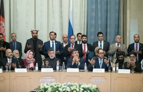 At the meeting in Moscow: former Afghan President Hamid Karzai, third from left, Taliban political chief Sher Mohammad Abbas Stanikzai, right, former national security advisor Mohammad Hanif Atmar and other participants of the "intra-Afghan" talks.