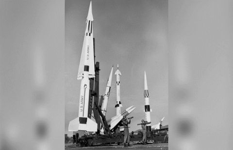 US Army's Pershing ballistic missile is ready for firing, Cape Canaveral, Florida, April 21, 1962 