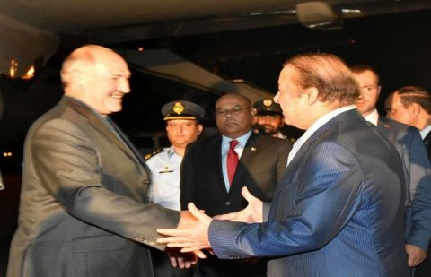 Prime Minister Muhammad Nawaz Sharif received the President of Belarus and his delegation at the Noor Khan Airbase