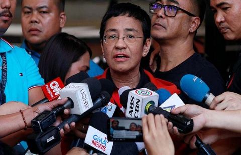Rappler CEO and Executive Editor Maria Ressa speaks to the media after posting bail in Pasig Regional Trial Court in Pasig City, Philippines on March 29, 2019.