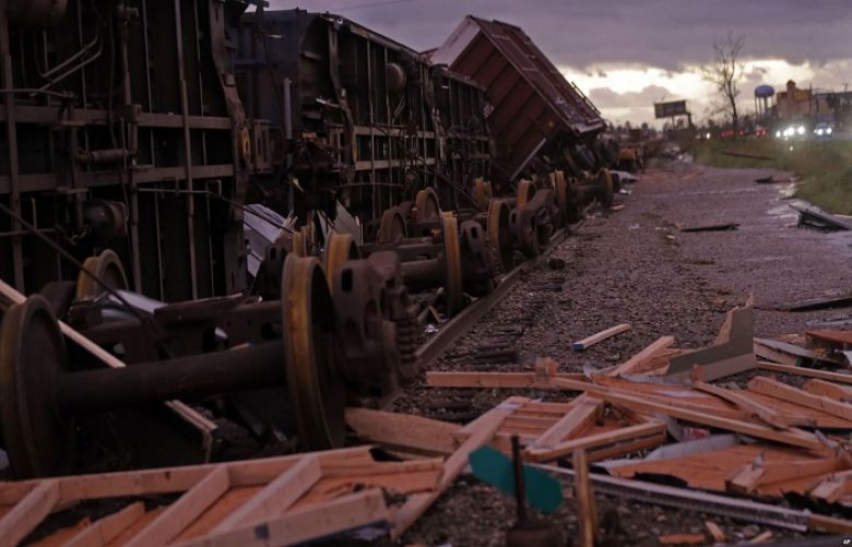Derailed box cars are seen in the aftermath of Hurricane Michael in Panama City, Fla., Oct. 10, 2018.