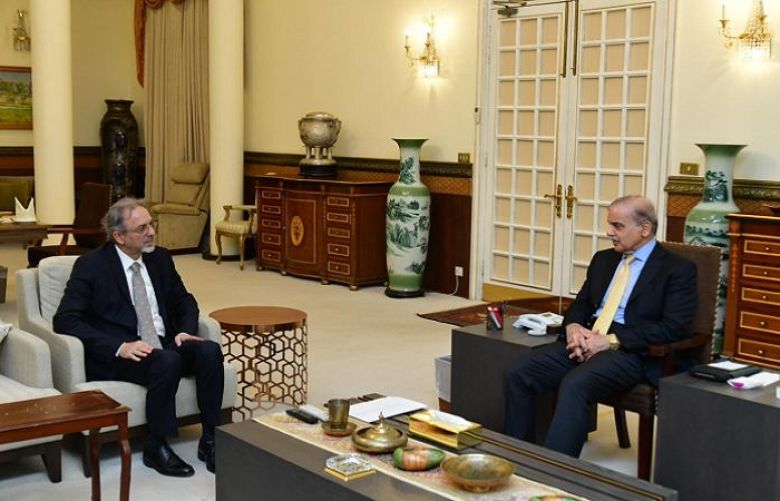 Pime Minister Shehbaz Sharif and Ambassador of Turkiye to Pakistan Mehmet Pacaci.