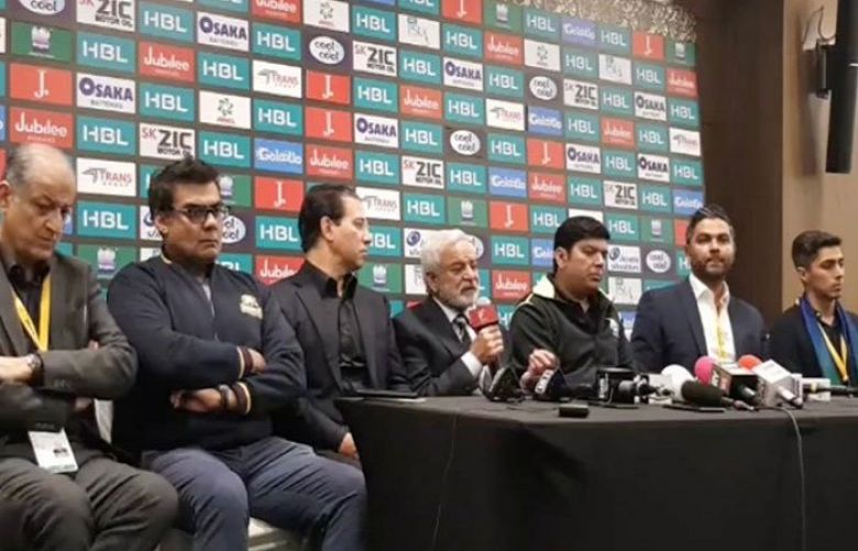 PCB Chairman Ehsan Mani addressing a press conference along with franchise owners at Dubai.