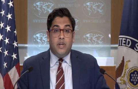 US State Department spokesperson Vedant Patel speaks during a press briefing.