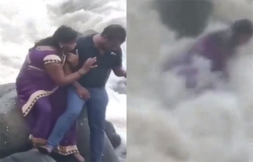 بھارتی شہر ممبئی کے باندرہ بینڈ اسٹینڈ پر سمندر کی اونچی لہر تصویر بنواتے وقت خاتون کو بہا لے گئی۔